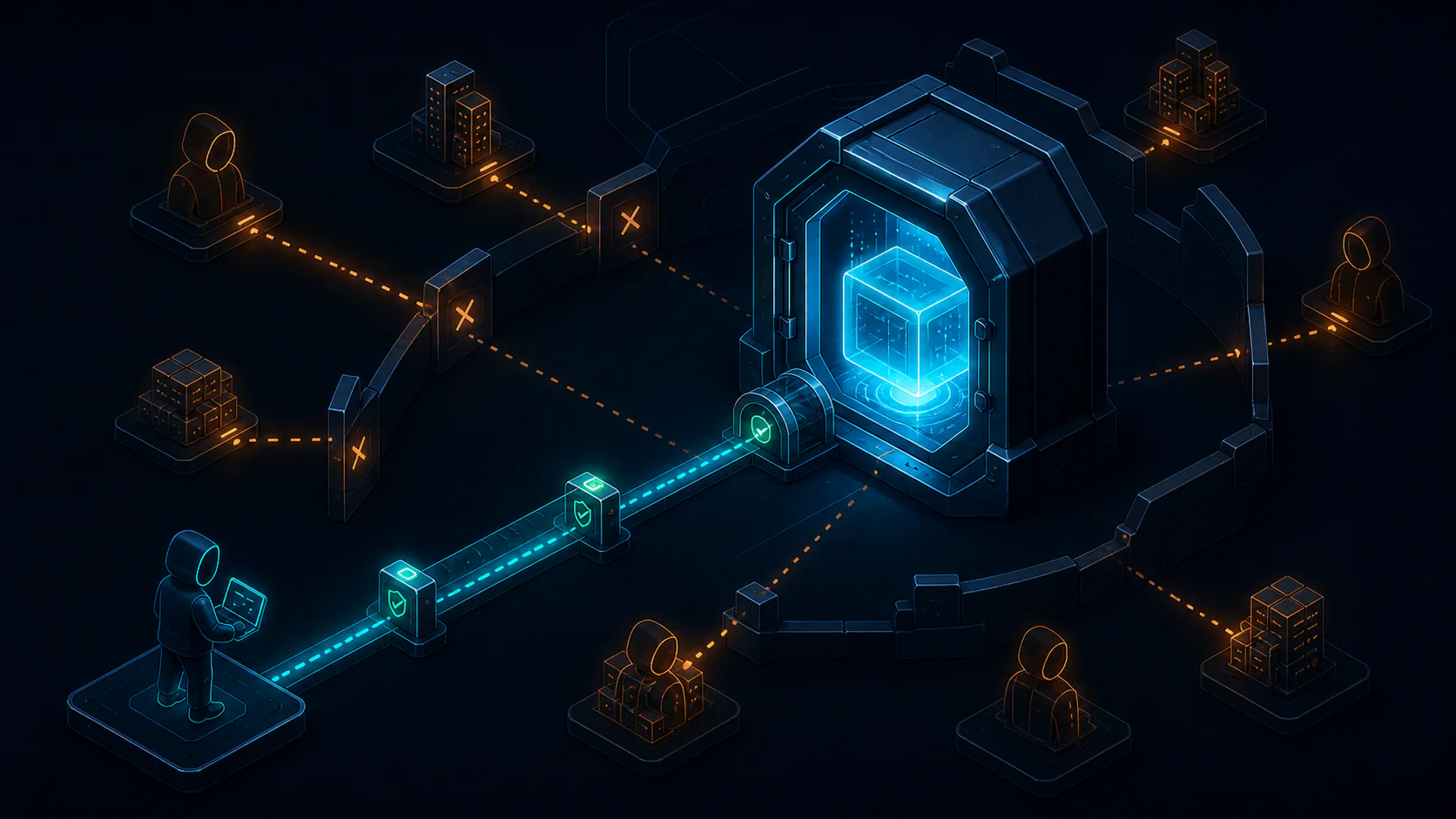 The Docker socket as a giant glowing vault portal with a tiny controlled SSH tunnel corridor as the only approved entry — hacker monsters blocked at the perimeter
