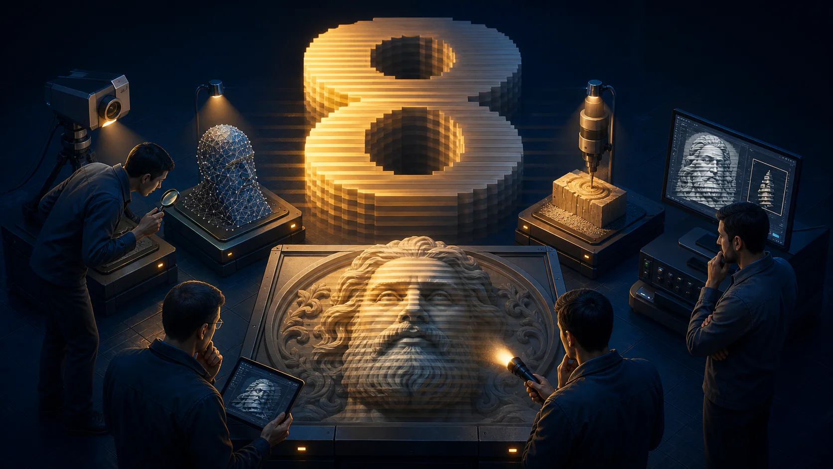 A cartoon character frantically pointing blame at a crowd of innocent suspects while the real culprit — a giant glowing ‘8’ — lounges smugly in the background unnoticed