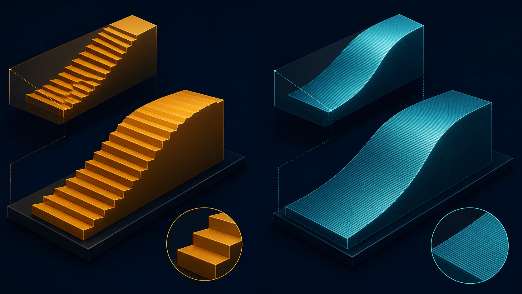 Two staircases side by side — one brutally stepped with 256 giant ledges, one practically a smooth ramp with 65,536 micro-steps — each with a tiny cartoon character descending them with very different outcomes