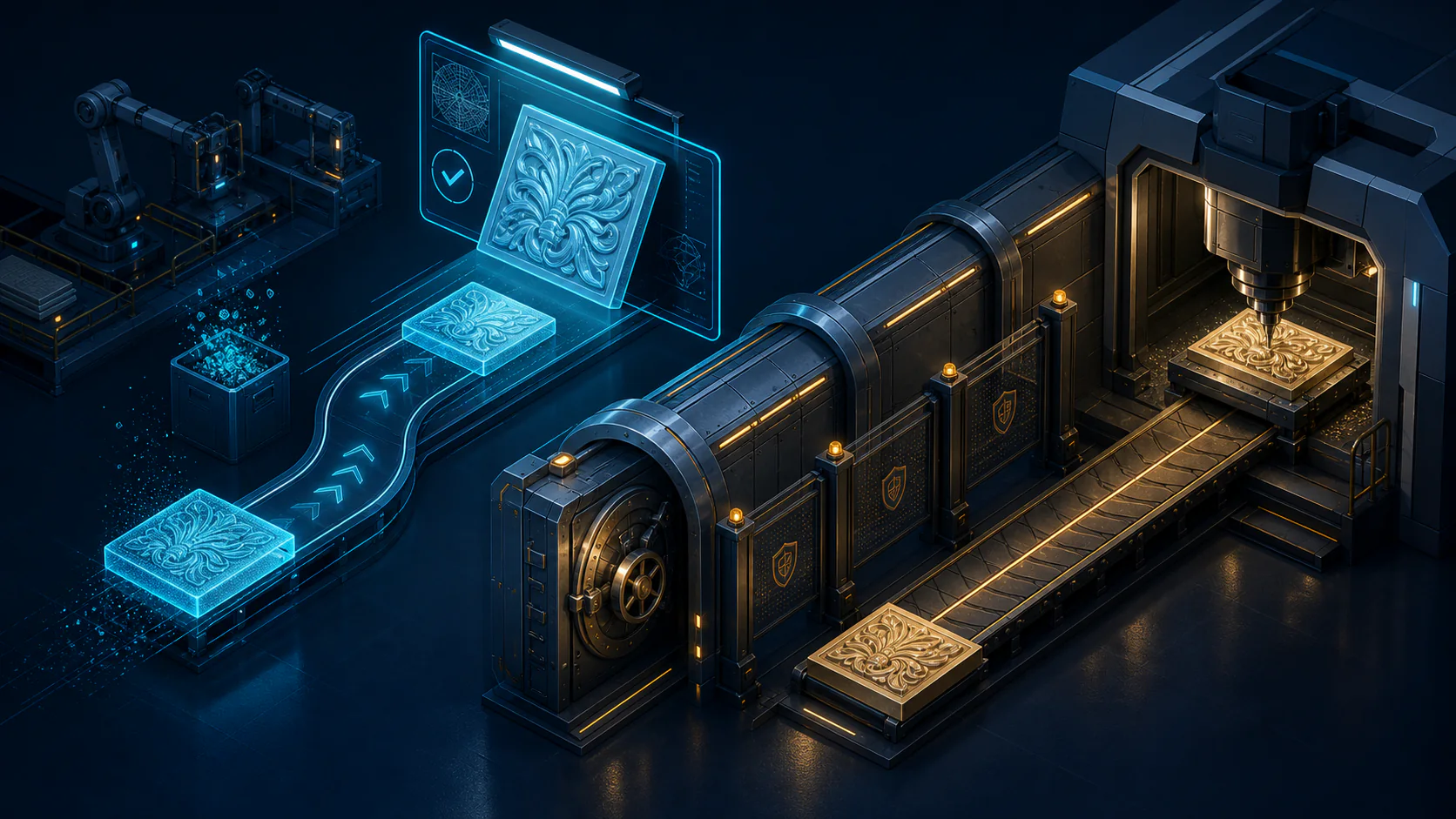 A factory assembly line where a file splits into two paths — a glowing preview copy handed to a cartoon human reviewer, and a vault-locked 16-bit file accessible only to a robot converter — with a flashing red gate blocking any attempt to use the preview file in manufacturing
