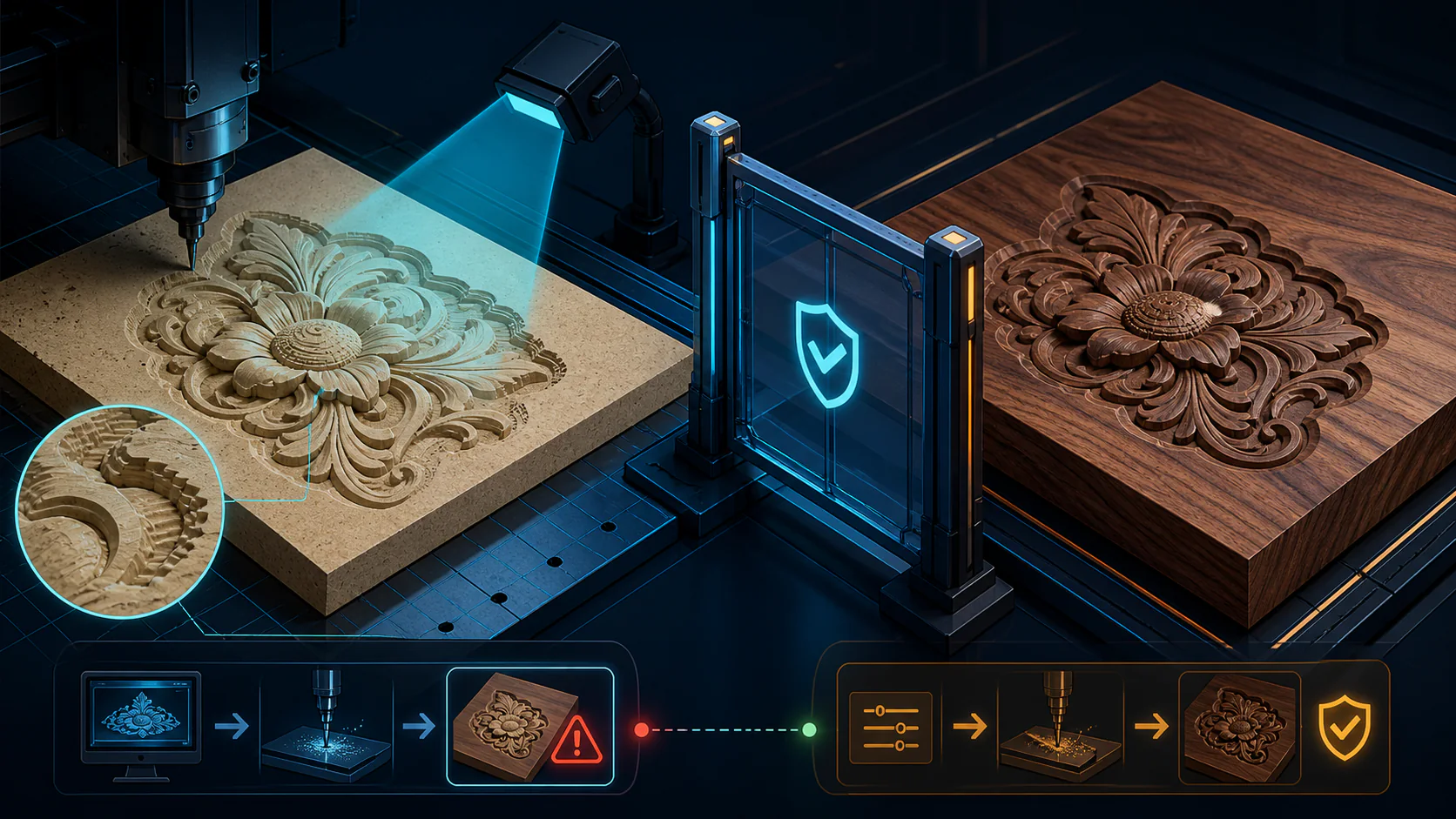 Two cartoon workbenches side by side — on the left a cheap MDF prototype with a visible problem being cheerfully inspected, on the right a gorgeous figured walnut piece with the same problem, surrounded by cartoon flames, with a receipt and a crying engineer